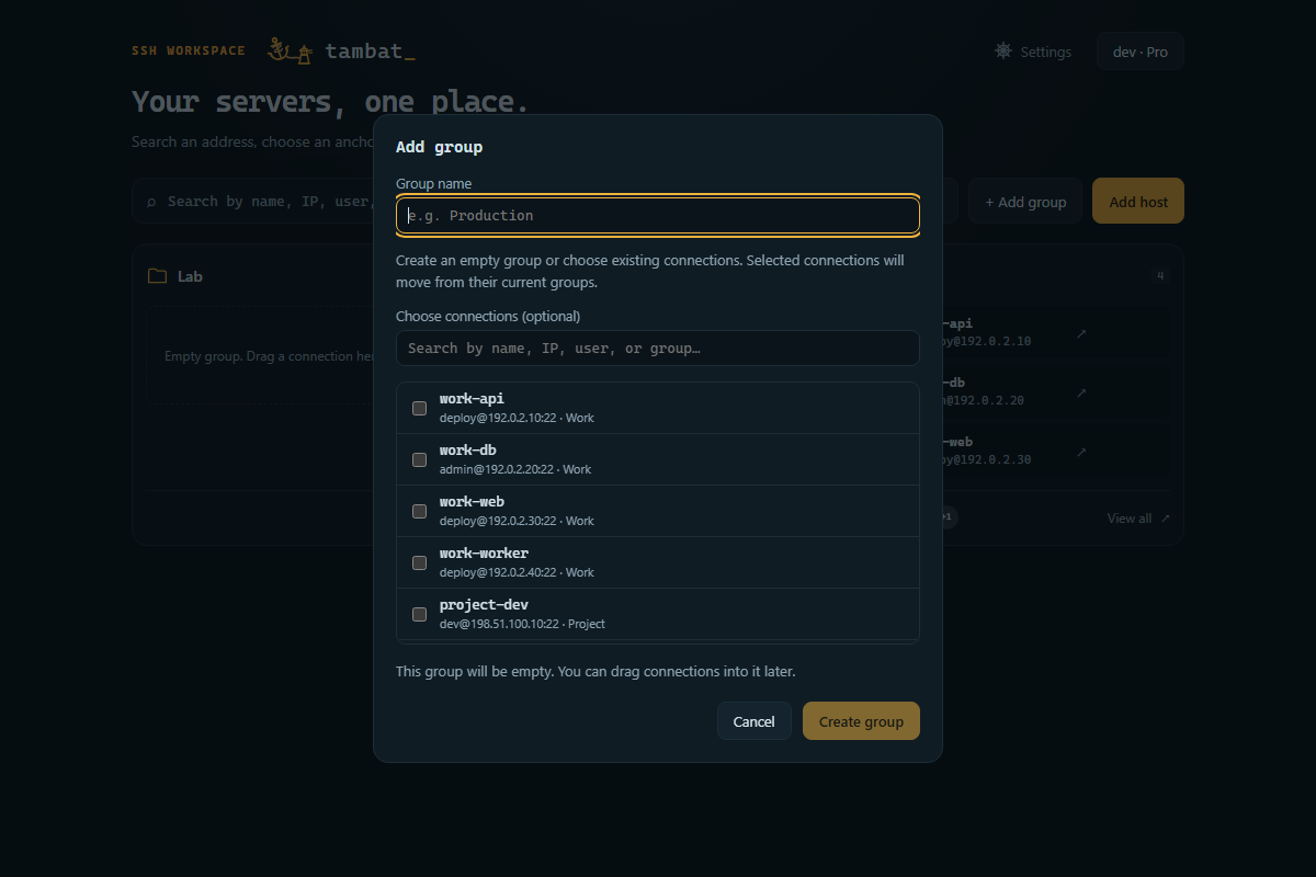 Dialog Tambah grup dengan pilihan koneksi yang sudah ada