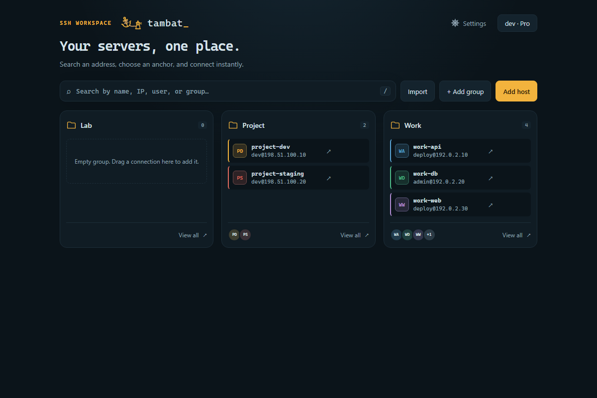 Halaman utama Tambat terbaru dengan logo asli, grup server, dan pencarian