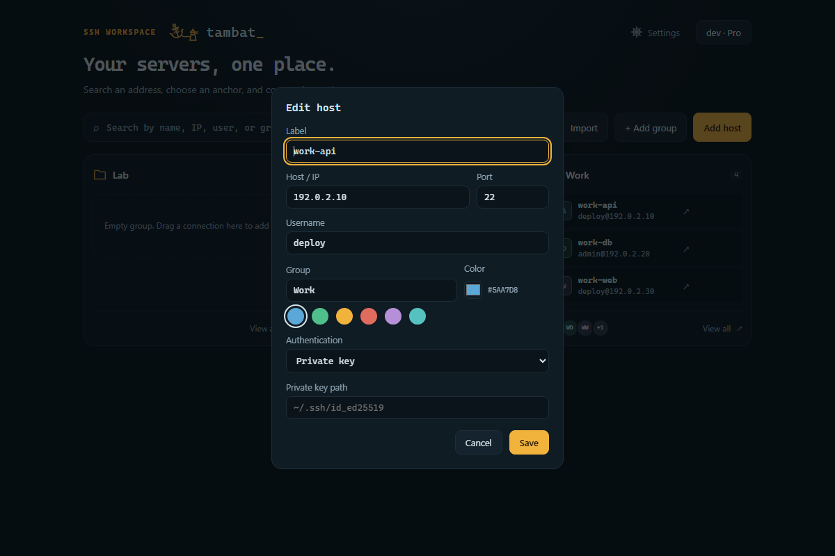 Form server Tambat dengan pengaturan koneksi, grup, dan warna
