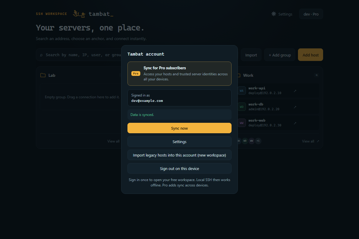 Panel akun Tambat Pro setelah login dengan status data tersinkron